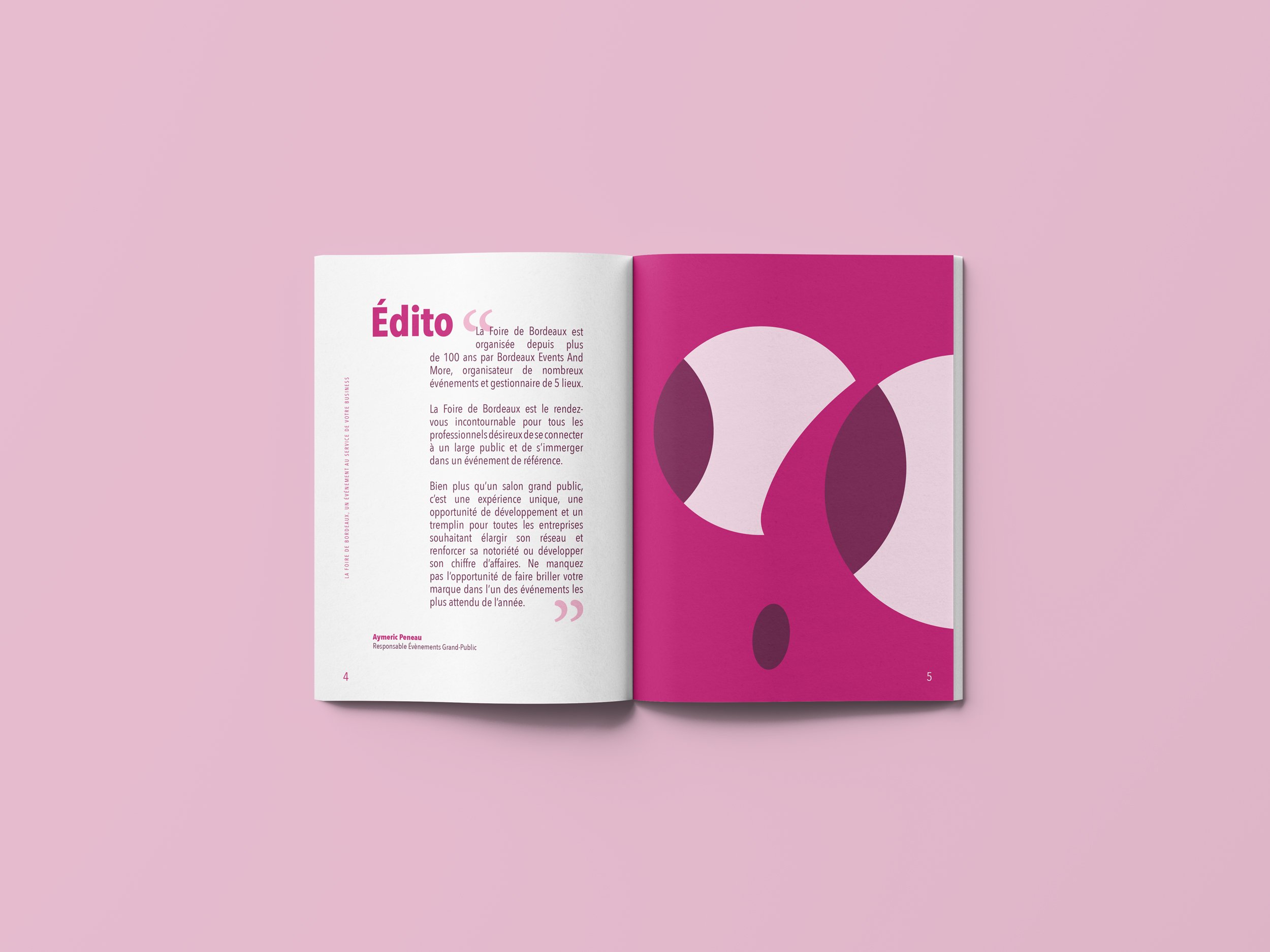 Un livre ouvert avec une page d'introduction intitulée "Édito" en français et une illustration abstraite de formes géométriques roses, blanches et violettes sur fond rose