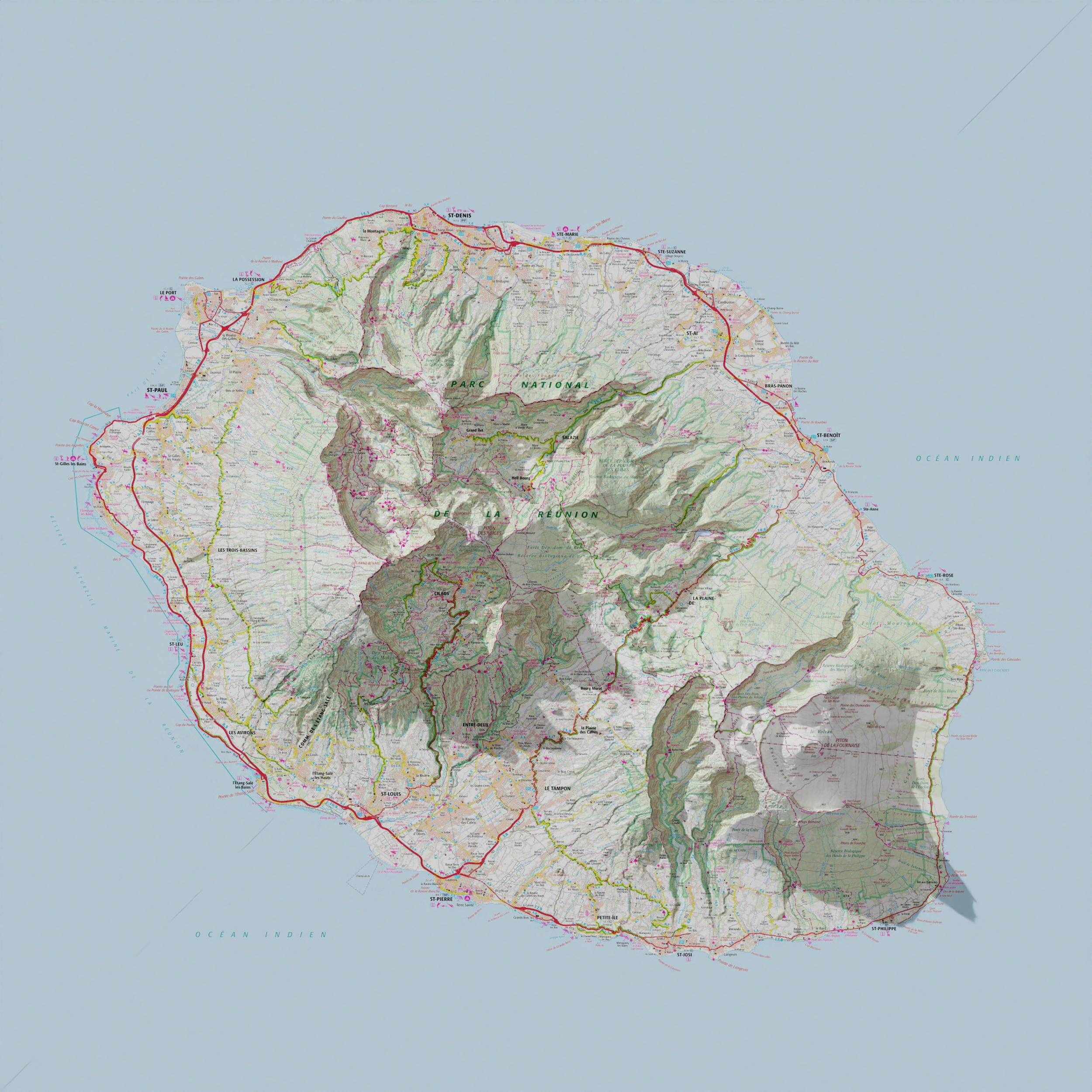 Carte topographique de l'île de La Réunion, montrant les montagnes, les routes et le relief.