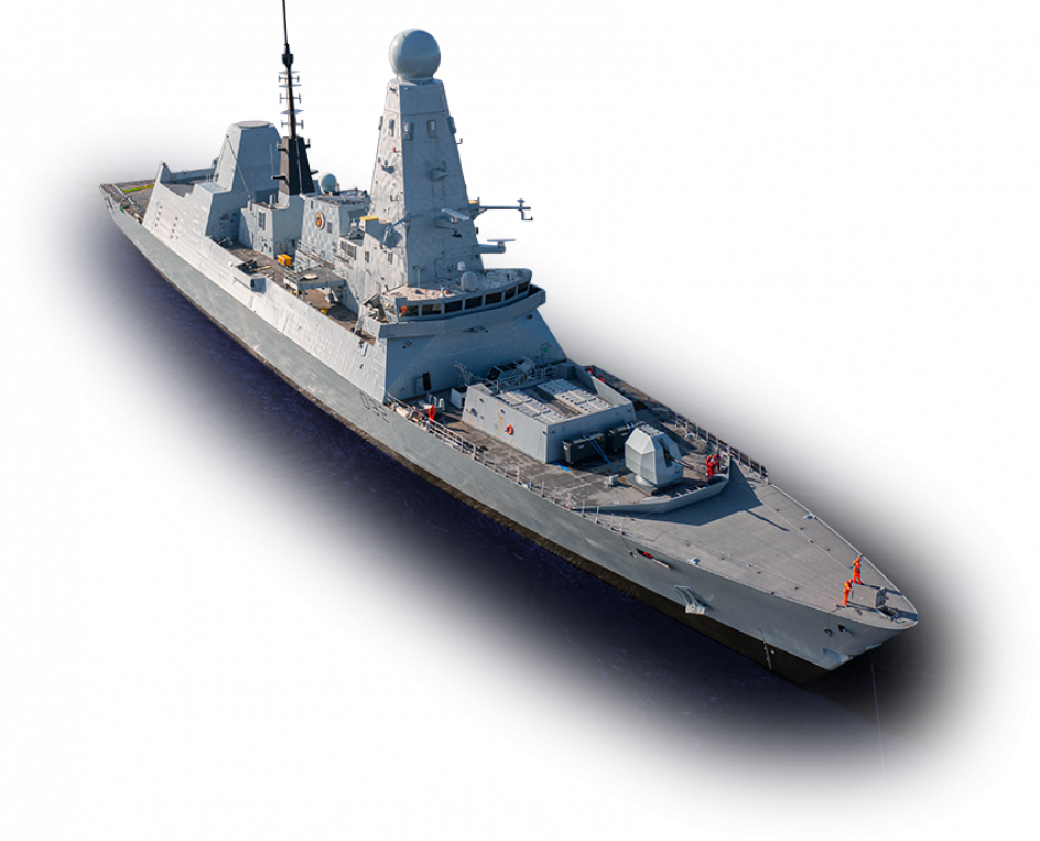 A modern navy warship sailing in the open sea with a dark background.