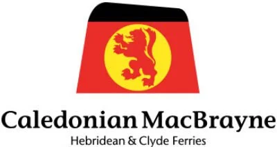 Logo featuring a yellow lion on a red circle, with black, red, and yellow stripes above. Text below reads 'Caledonian MacBrayne Hebridean & Clyde Ferries'.