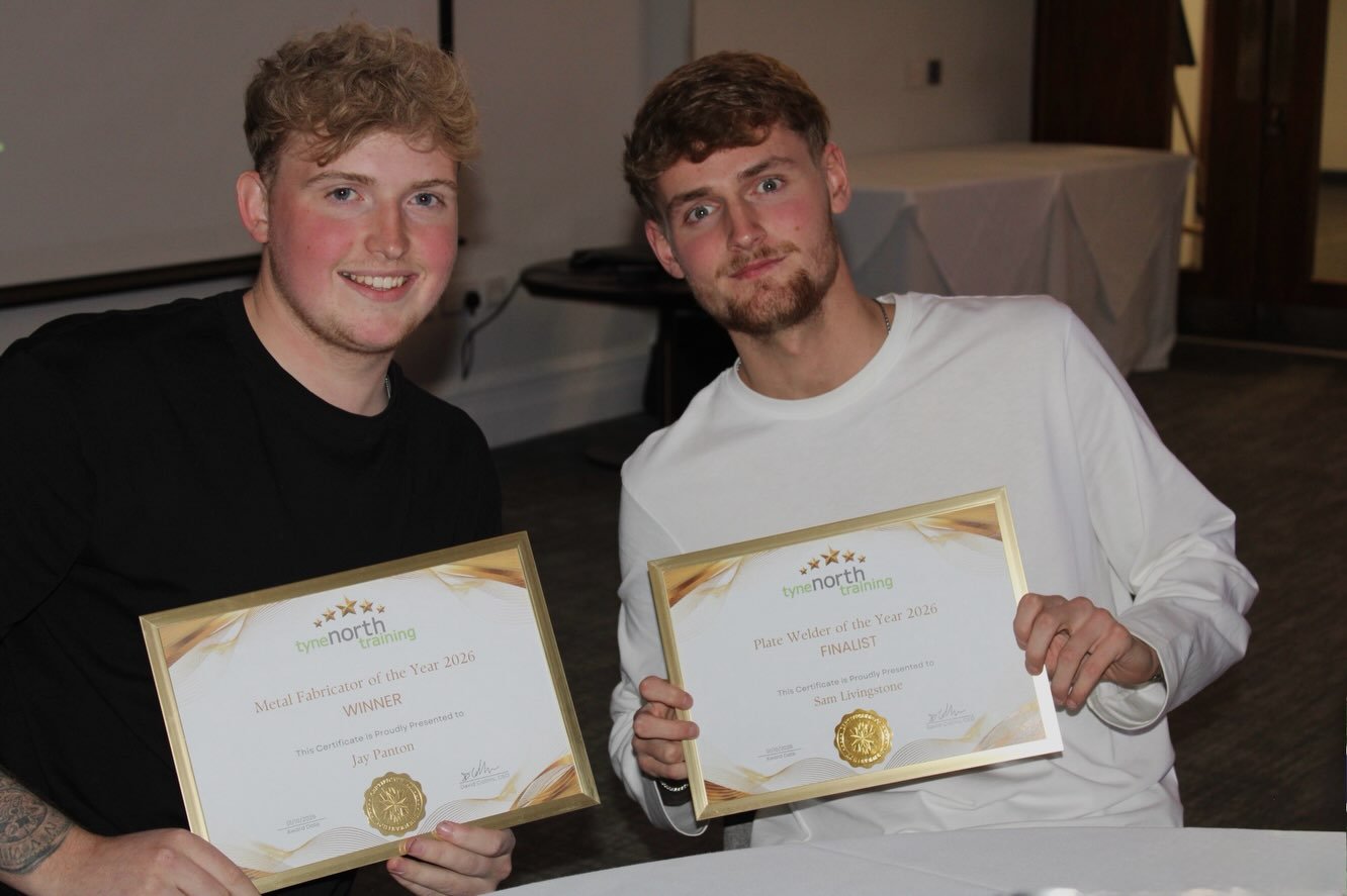 The results are in from the first-ever Tyne North Training Awards, celebrating apprentices and emerging engineering talent from across the region. 

Jay Panton won Metal Fabricator of the Year and Sam Livingstone came Runner-up, in Plate Welder of th