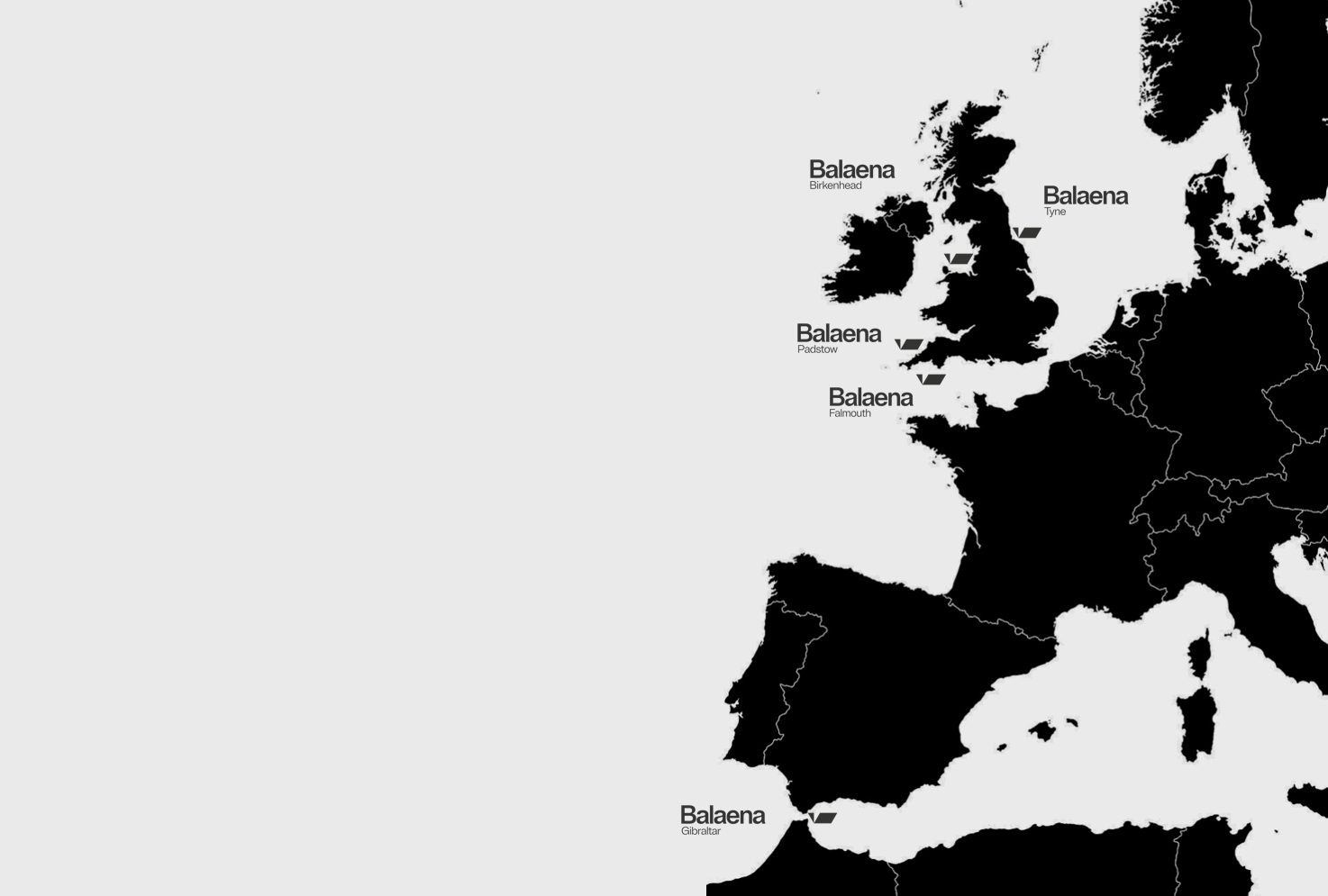 Map of Europe showing locations labeled Balaena in Birkenhead, Tyne, Padstow, Falmouth, and Gibraltar.