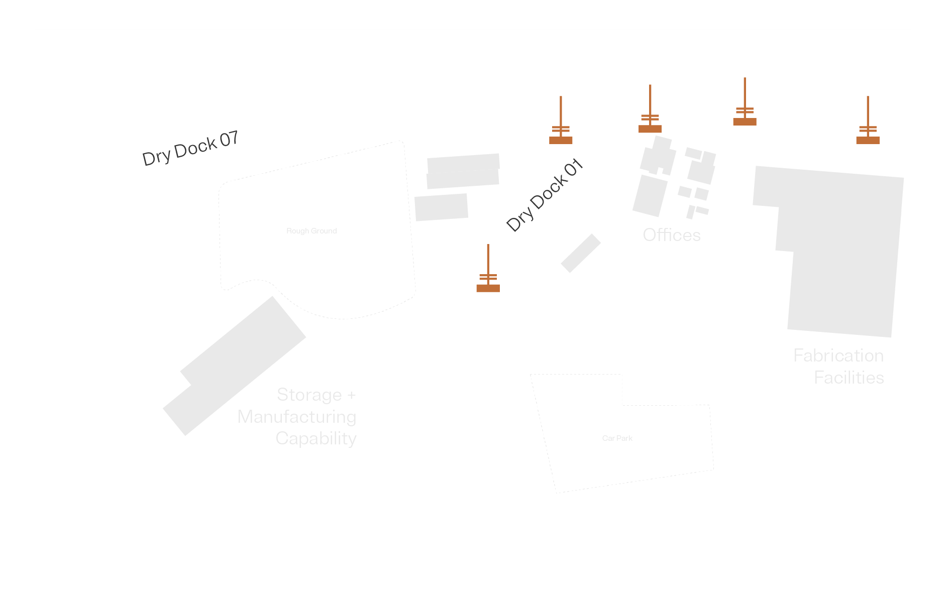 Site map showing different sections including storage and manufacturing capability, dry dock areas labeled Dry Dock 01 and Dry Dock 07, offices, fabrication facilities, and a car park. The map features pathways and barriers indicated by lines and symbols.