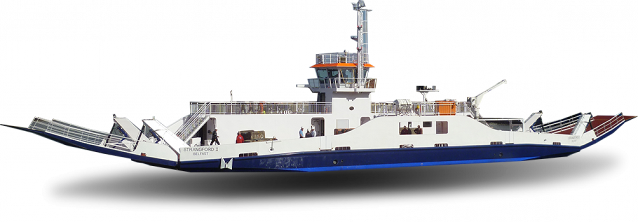 Ferry boat named Strangford Belfast with people on deck, isolated against black background.