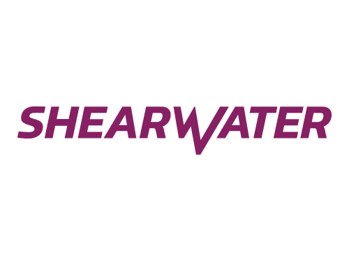 ShearWater logo in purple text with a stylized wave design above it.