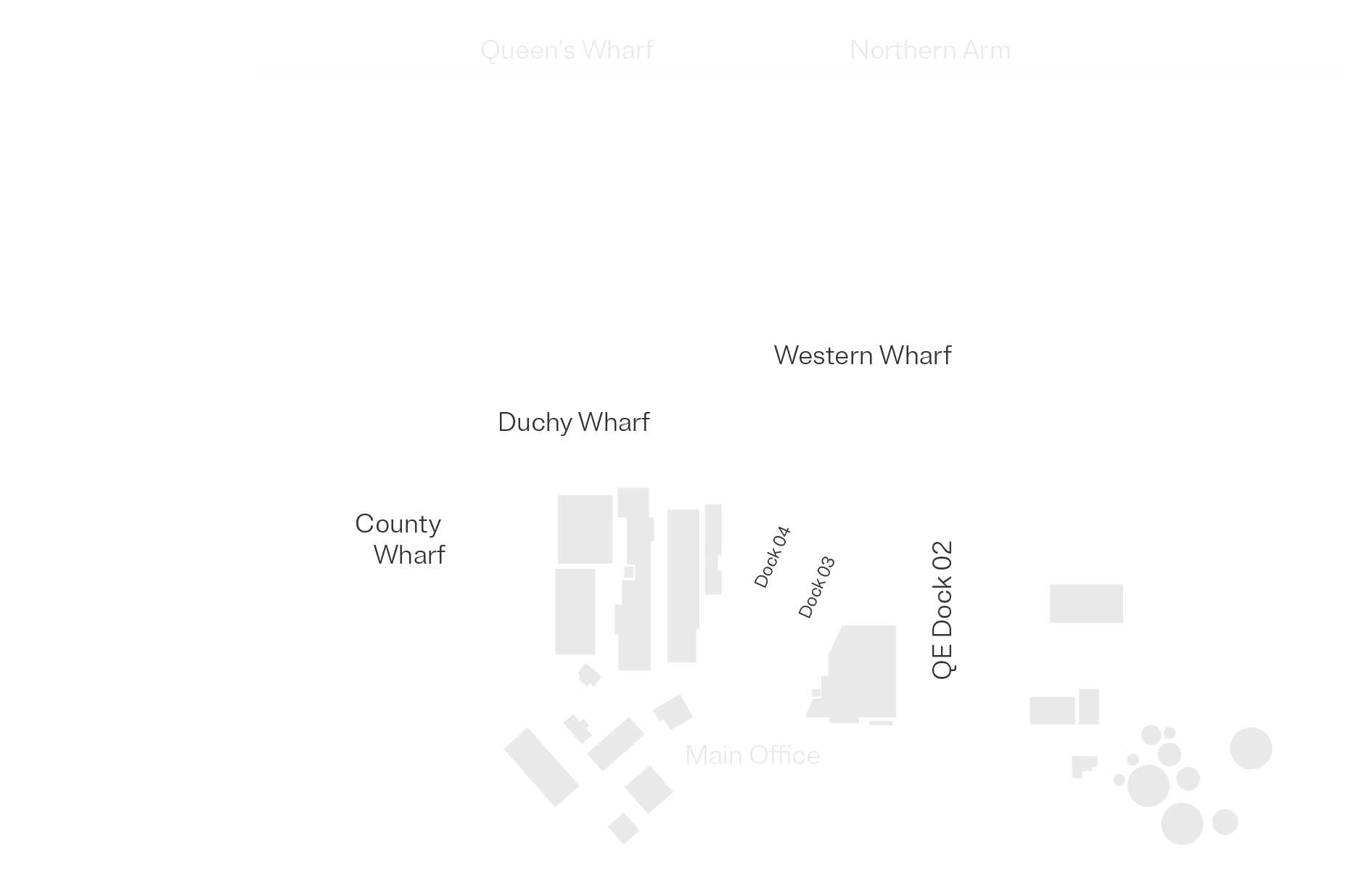 Map of a harbor area showing Queen's Wharf, Northern Arm, Western Wharf, County Wharf, and various docks, with the Main Office and QBE Dock areas labeled.