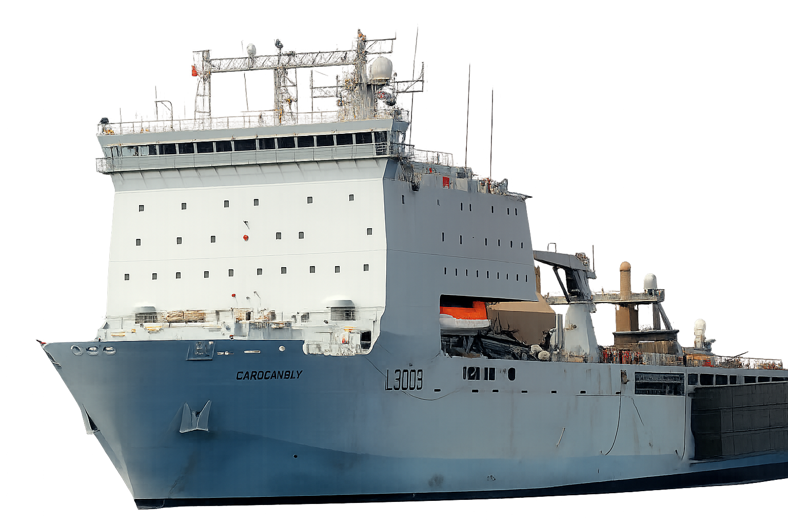 This image shows a close-up of a large cargo ship named 'Carrocanal' with various equipment and structures on its deck, including antennae and cranes.