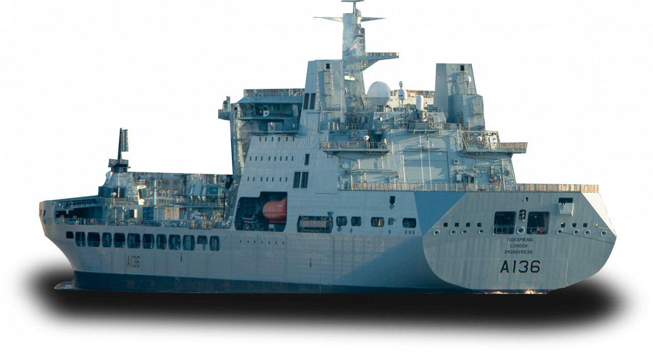 Large modern navy ship with multiple decks, radar equipment, and a gray exterior, labeled A136, named Tidespring, based in London.