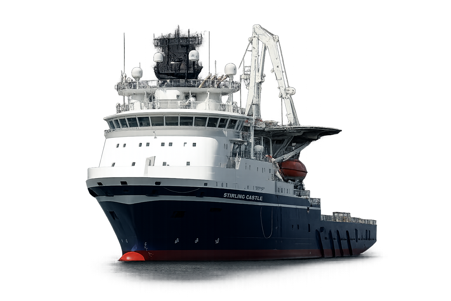 Large white and black cruise ship named 'Stirling Castle' docked at a harbor with a visible lifeboat and communication equipment on the deck.