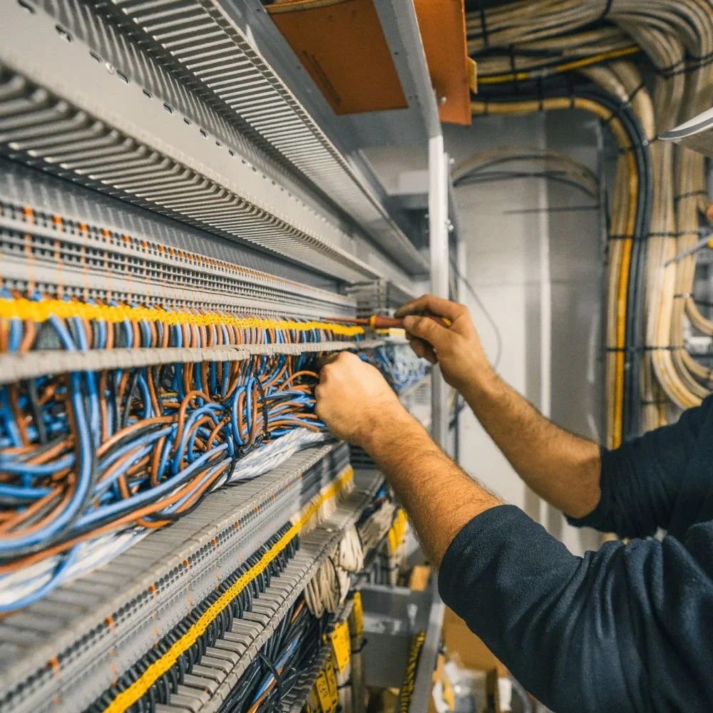 A technician working on electrical wiring inside a control panel or server rack, with organized blue, orange, and black wires.