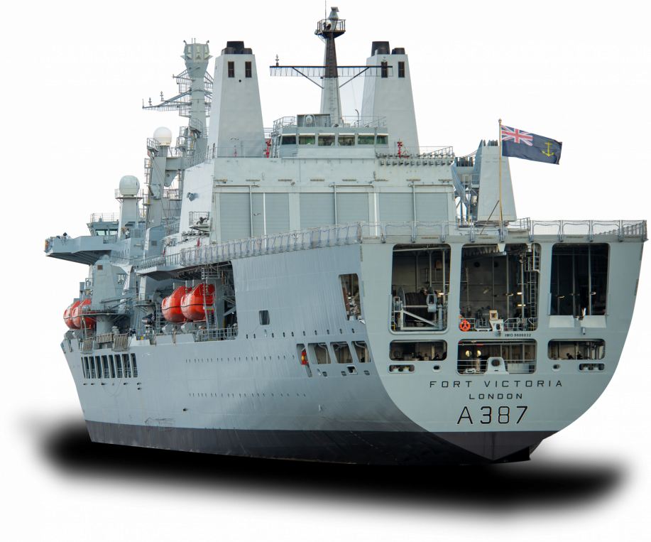 Large military ship named Fort Victoria from London with a black flag flying at the stern, isolated on black background.
