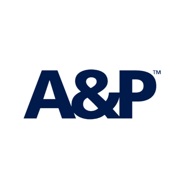 A&P company logo with navy blue text on a white background.