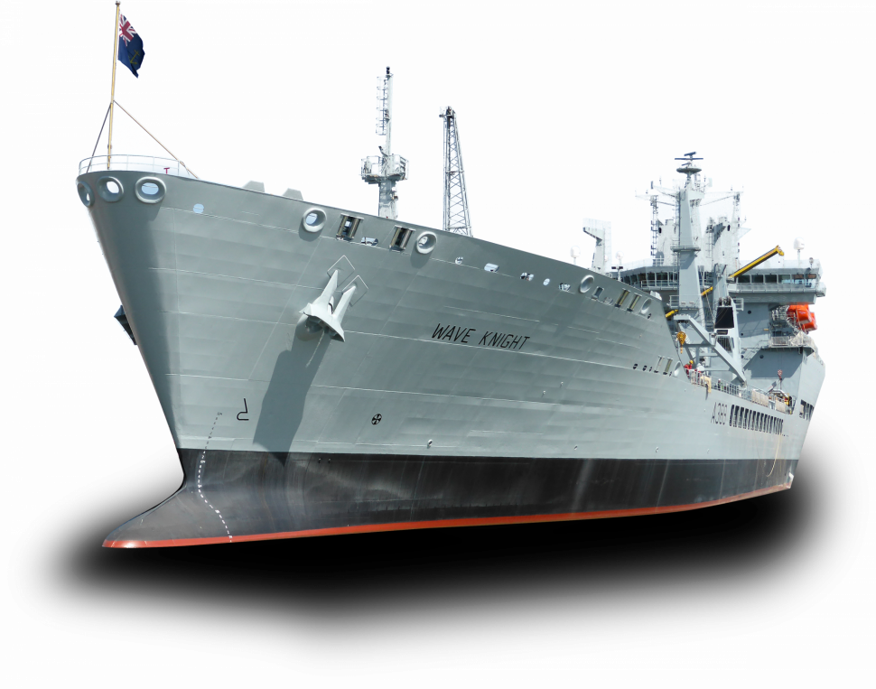 A large gray naval ship named Wave Knight is displayed against a black background.