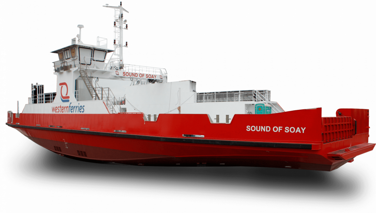 Red and white ferry boat with the label "Sound of Soay" and "westernferries," featuring a large front ramp and navigational equipment on top.
