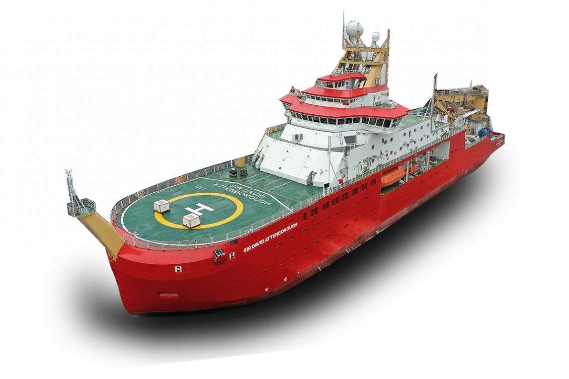 Large red and white rescue ship with helipad and communication equipment on deck