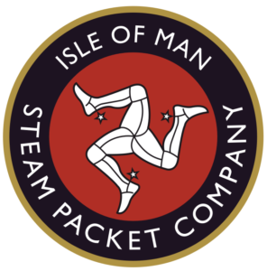 Circular logo of Isle of Man Steam Packet Company featuring a white stylized figure of a person in a dynamic, twisting pose on a red background, with the company name around the edges.