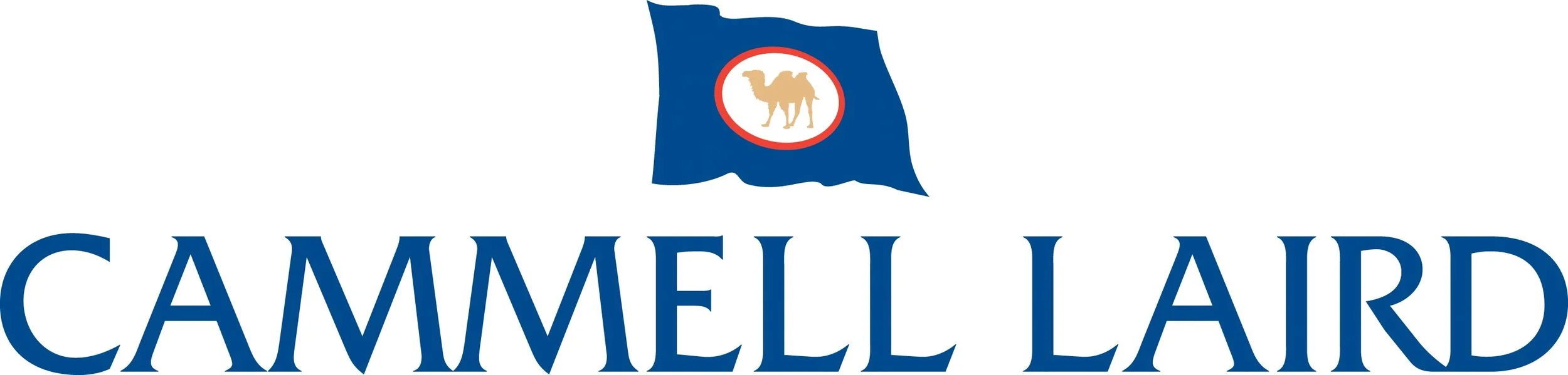 Logo of Cammell Laird featuring a blue flag with a camel silhouette inside a white circle with a red border and the words 'Cammell Laird' in blue.