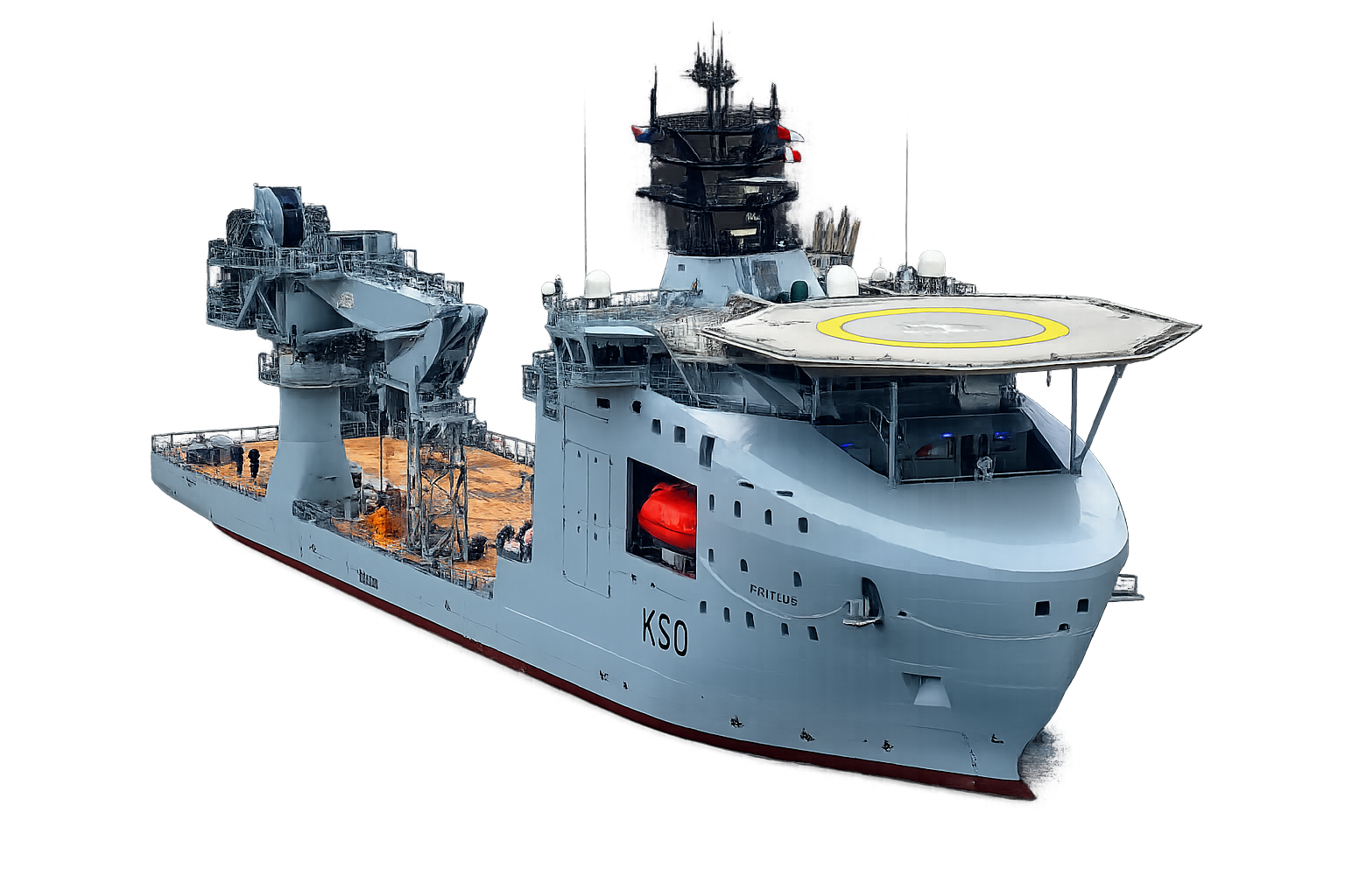 A large naval vessel with a helicopter landing pad on the deck, multiple radar and communication antennas, and various equipment. The ship is painted gray with the registration 'KSO' visible on the side.