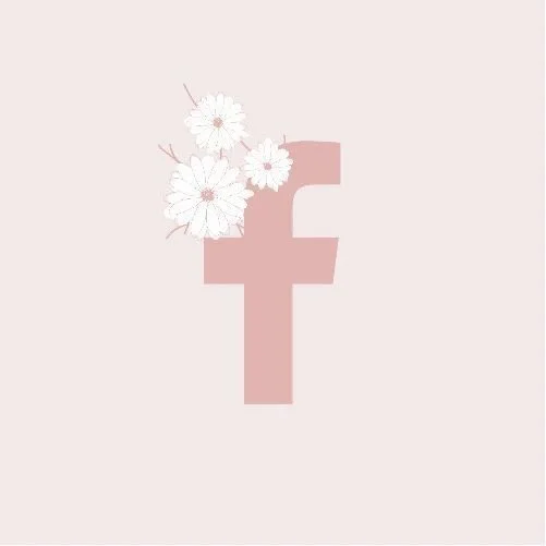 Pink Facebook logo with white flowers on a light pink background.