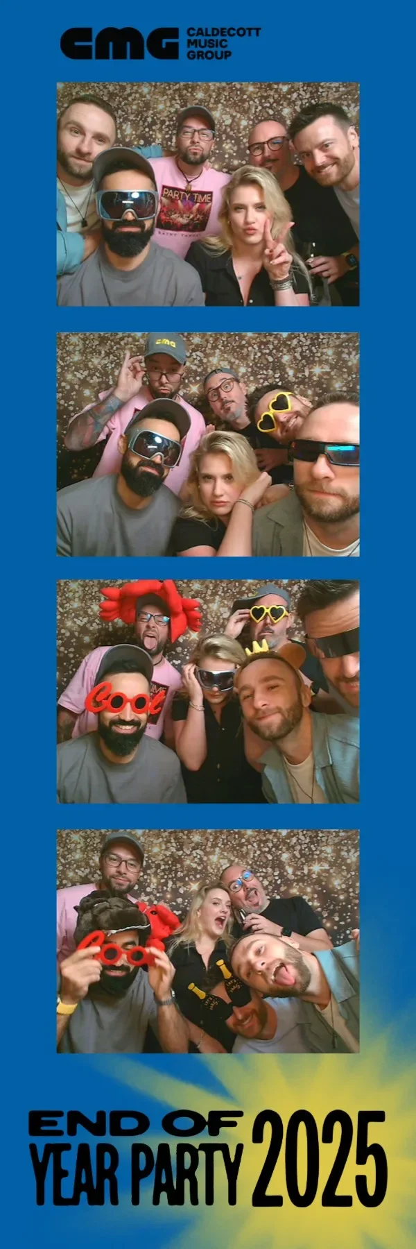 Photo strip from a photo booth at the Caldecott Music Group end-of-year party 2025 showing six people with fun accessories and changing expressions against a sparkly backdrop.