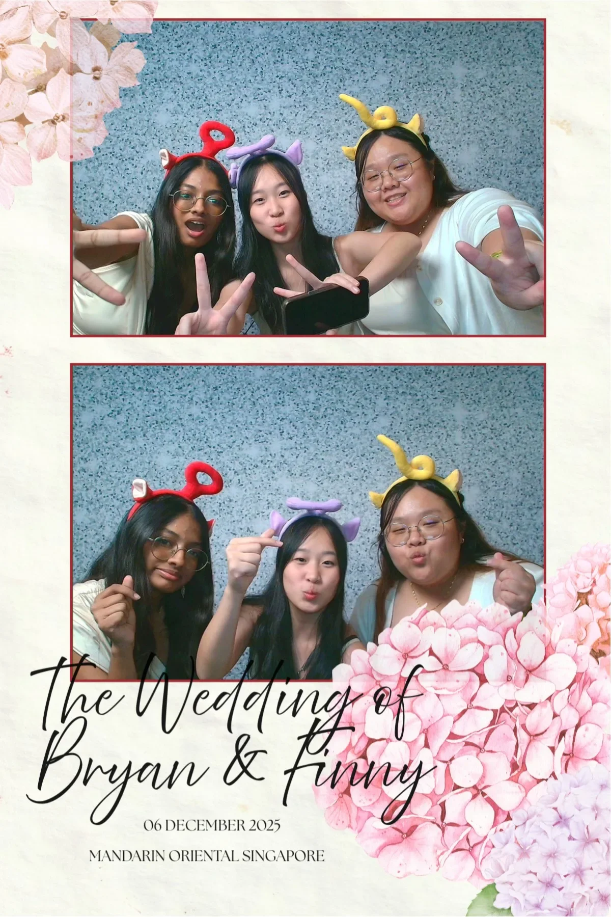 Three women taking a selfie and making playful gestures at a wedding. They are wearing colorful headbands with animal shapes. The bottom part of the photo shows pink hydrangea flowers and wedding details for Bryan and Finny's wedding on December 6, 2