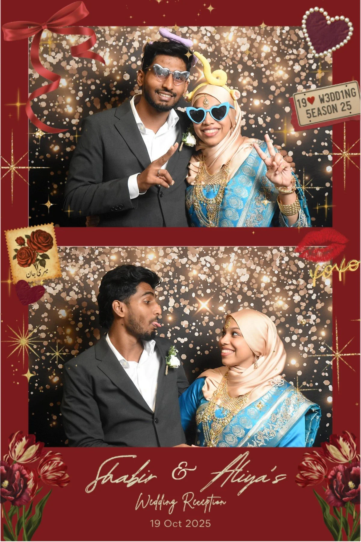 Two photos of a couple at their wedding reception, dressed in formal attire and wearing playful accessories with a decorated backdrop and a red border with floral and romantic motifs.