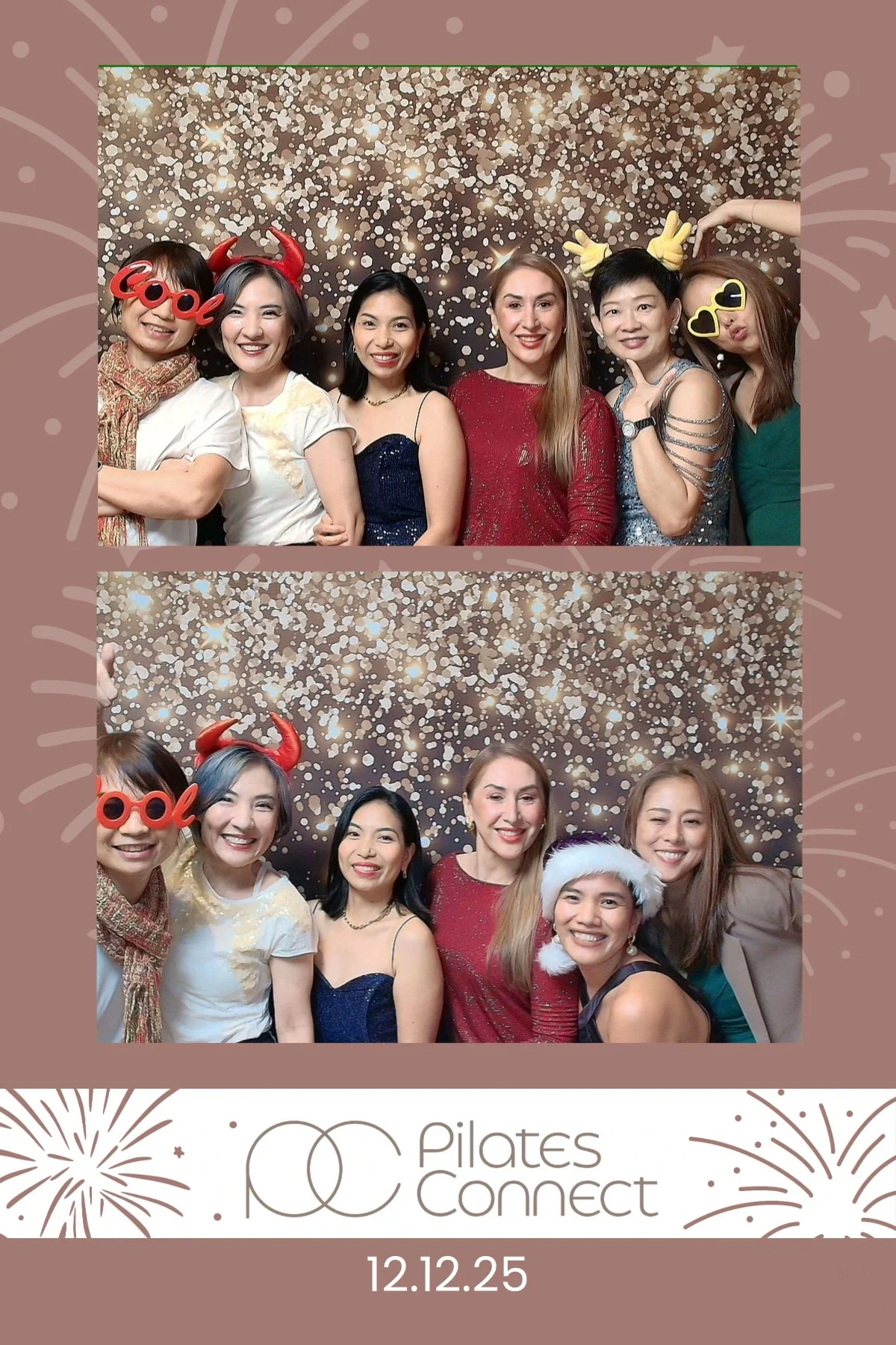 Six women posing in a photo booth with a glittery gold background. They are wearing festive accessories such as red devil horns, red glasses with "Cool" written on them, yellow reindeer antlers, heart-shaped sunglasses, and a Santa hat. The bottom of