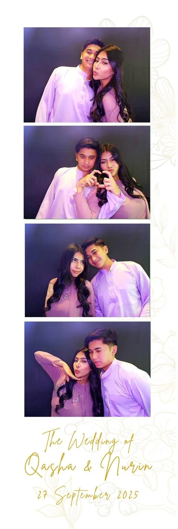 Four photos of a couple in traditional attire posing playfully for a wedding celebration, with the wedding date and names written at the bottom.