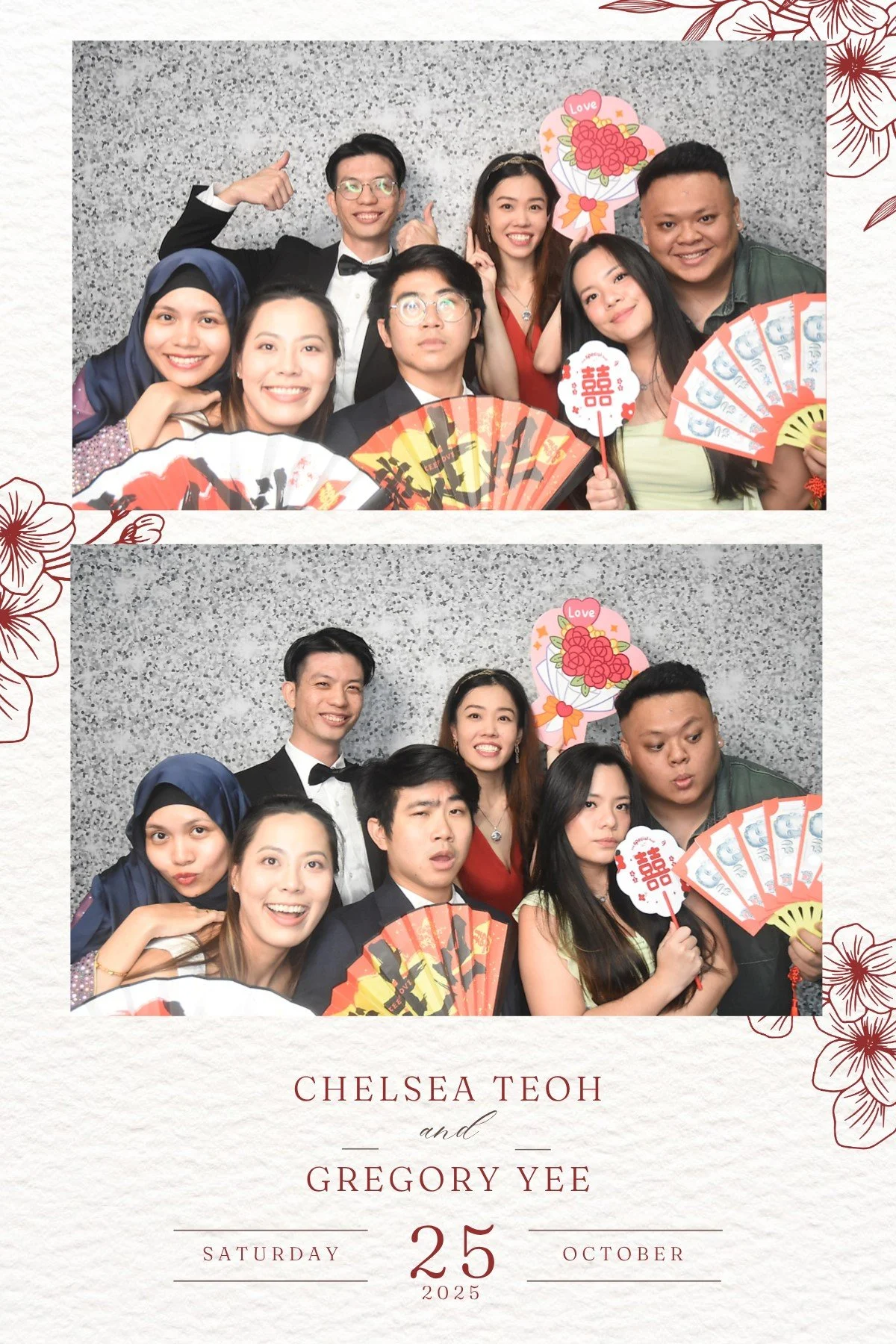 Photo booth pictures of group celebrating a wedding or special event, holding fans and photo props with floral and love motifs, with the names Chelsea Teoh and Gregory Yee and the date October 25, 2025.