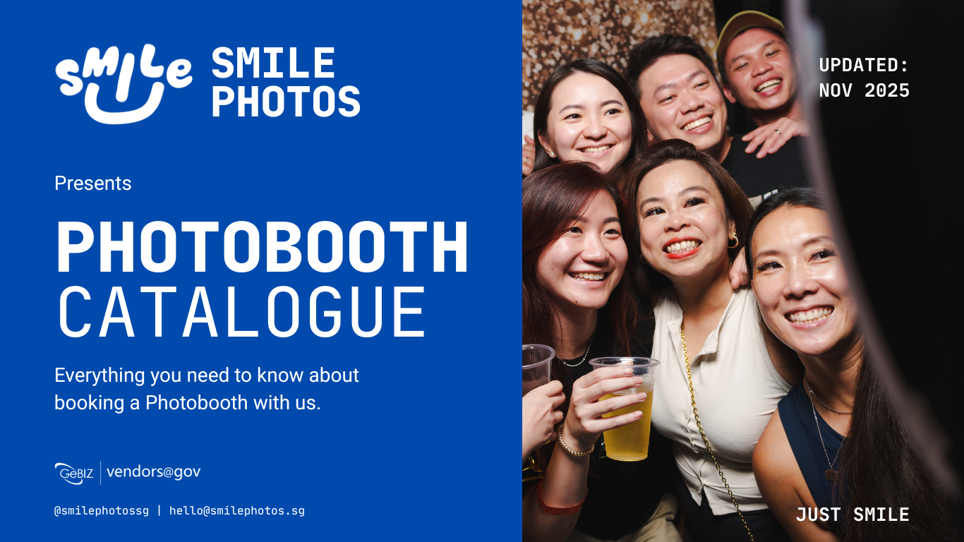 Poster for Smile Photos' photobooth catalogue showing a group of six diverse friends smiling and taking a selfie at a party, holding drinks, with a festive background.