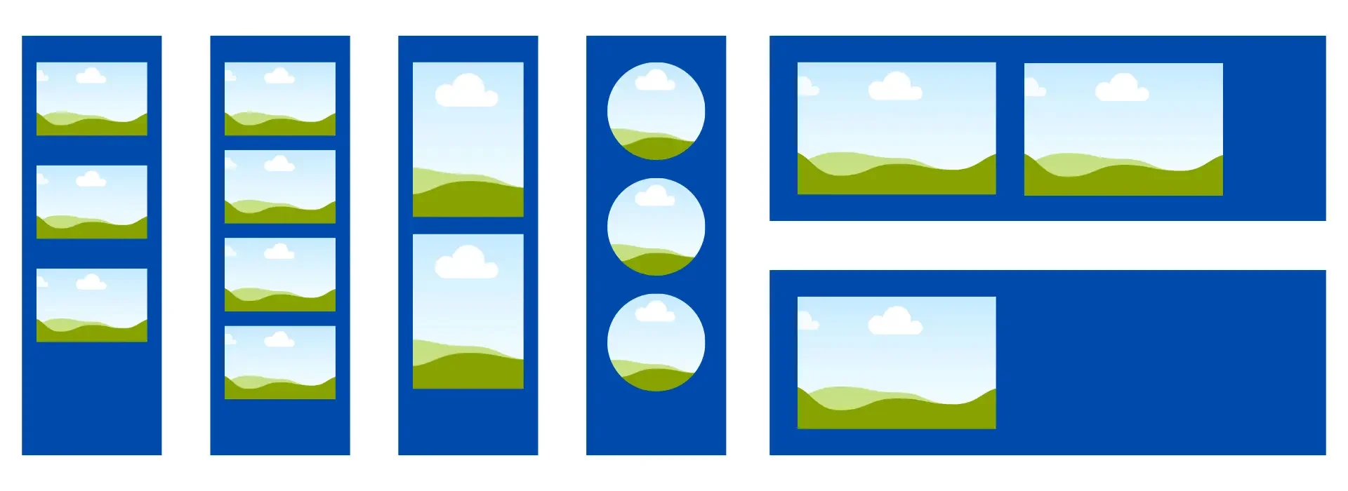 A collection of graphic window frames and circles with a landscape of green hills, trees, and clouds, displayed in various arrangements.