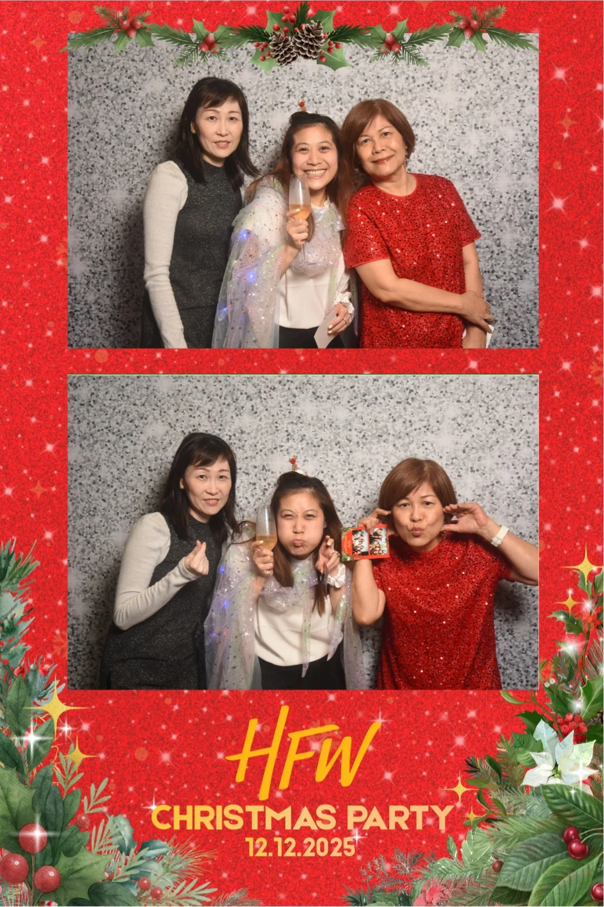 Two photos featuring three women at a Christmas party on 12.12.2025, with a festive red border decorated with holly and pinecones. In the first photo, all three women are smiling; the woman in the middle holds a glass of champagne. In the second phot