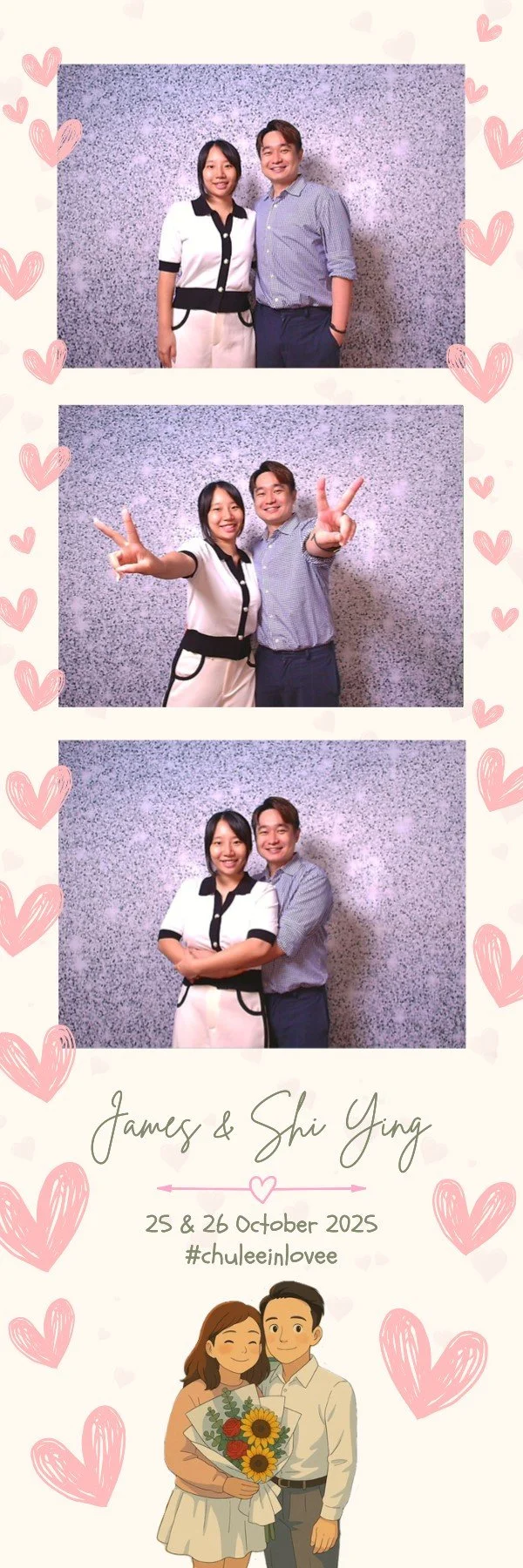 Three photo booth pictures of a couple at a wedding celebration, with hearts and a cartoon illustration of the couple. The couple is posing together, making peace signs and hugging. The wedding details mention James and Shi Ying with the dates Octobe