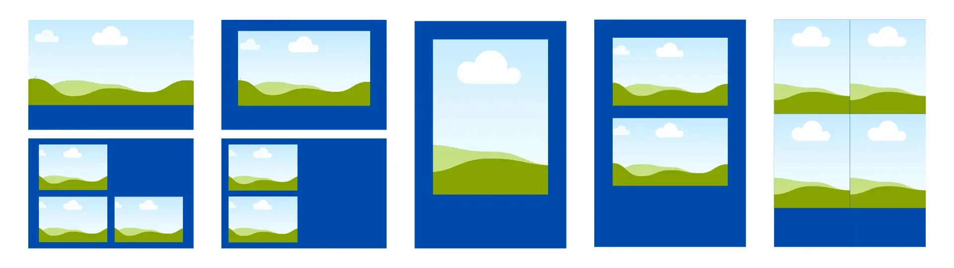 A collection of puzzle pieces showing a landscape with green hills, blue sky, and white clouds, some pieces fit together and some are separate.
