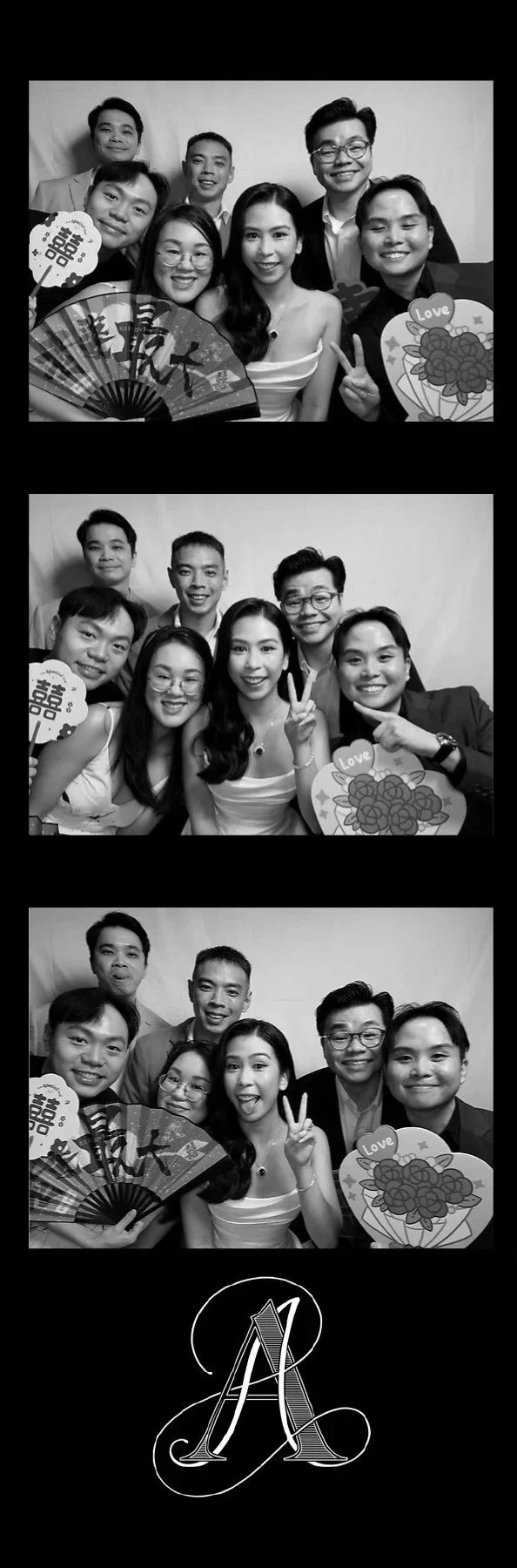 A collage of three black-and-white photos showing a group of friends at a celebration, holding props like fans and signs with love and happiness expressions, with a decorative letter 'A' at the bottom.