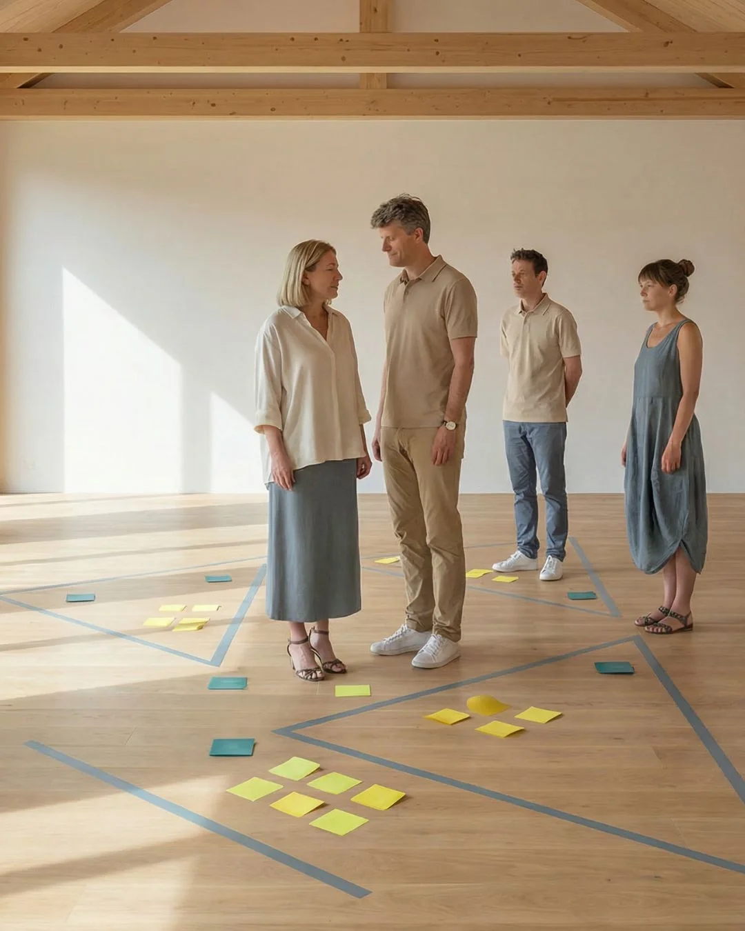 Facilitación sistémica y constelaciones para equipos: sesión de trabajo con metodología espacial y representaciones visuales en el suelo