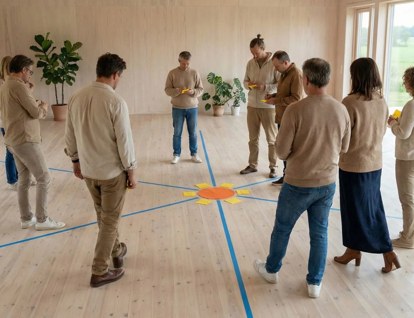 Sesión de facilitación sistémica con equipo empresarial trabajando dinámicas grupales en círculo con líneas en el suelo para visualizar relaciones organizacionales.