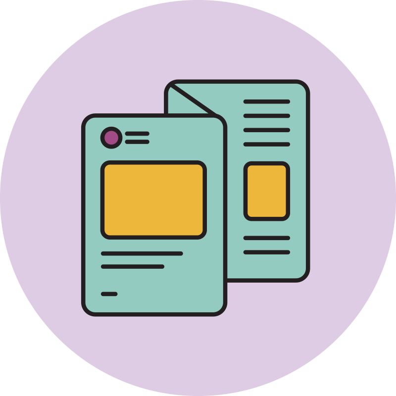 Illustration of a concertina folded brochure with a yellow rectangle in the center, against a light purple circular background.