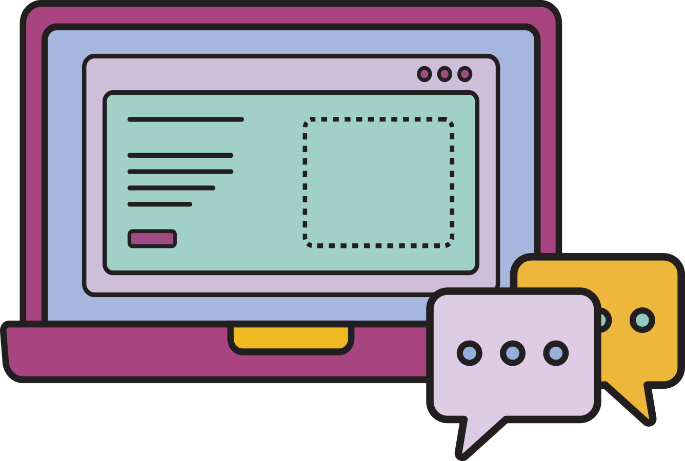 Illustration of a purple laptop overlapped with speech bubbles, representing online communication or chatting.