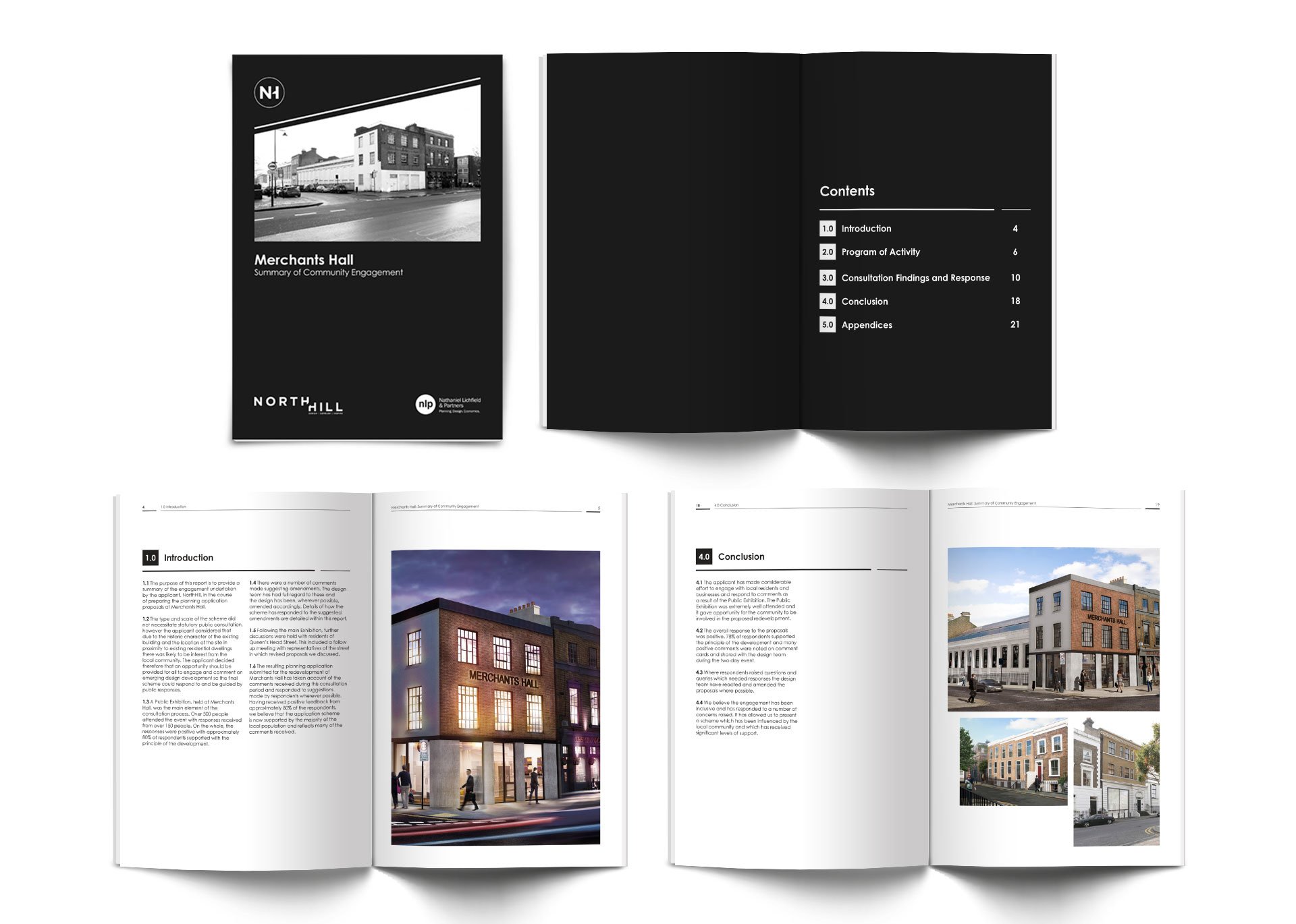 A mock up of a brochure for "Merchants Hall" along with open pages displaying the report's table of contents, an introductory page, a conclusion page, and photos of the Merchant's Hal