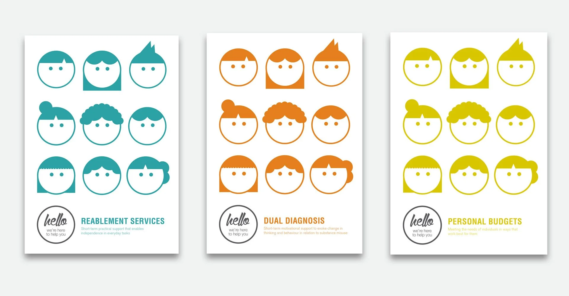 A mock-up of posters designed by Gem Creative illustrating different themes: reablement services with diverse cheerful faces under the teal color, dual diagnosis support with faces in orange tones, and personal budgets with faces in yellow tones.