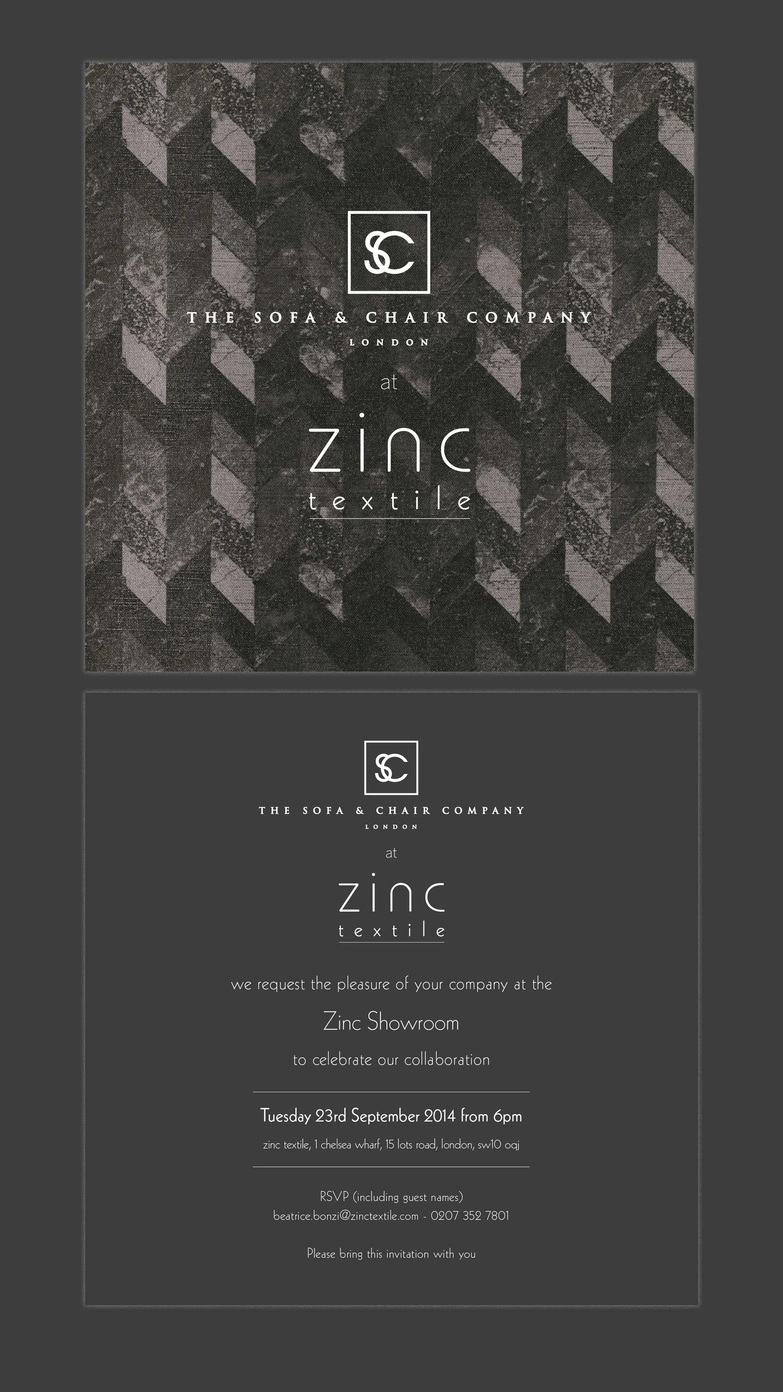 A mock up of an Invitation by Gem Creative for Zinc Textile hosting a collaborative celebration event between The Sofa & Chair Company and Zinc Textile.