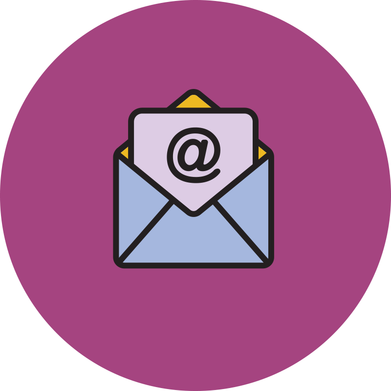 Illustration of an envelope with a letter inside it, showing an '@' symbol, on a purple circular background.
