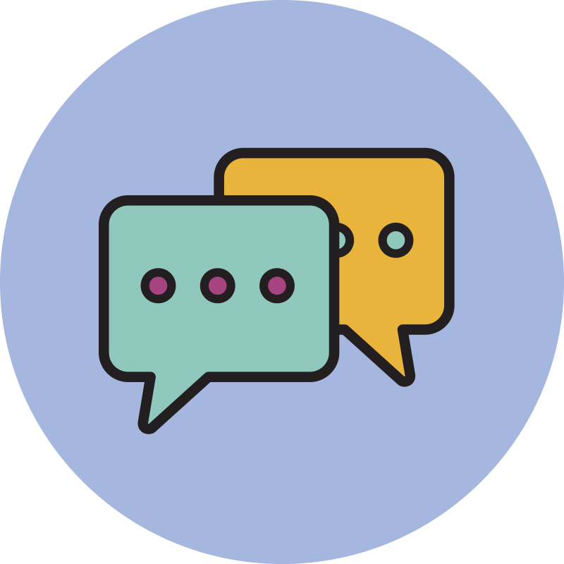 Illustration of two overlapping speech bubbles, one light green with three dots, the other yellow with one dot, set against a blue circular background.