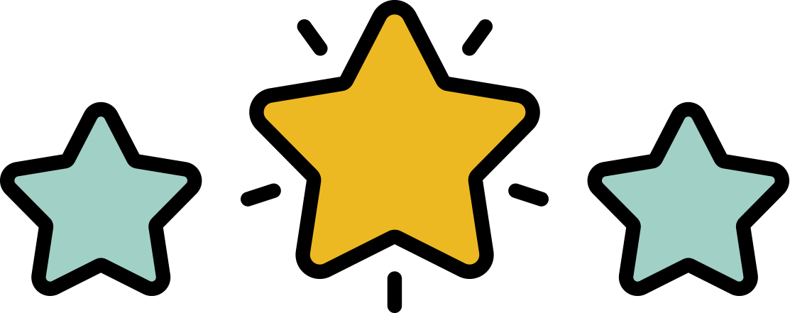 Illustration of three stars, with a large yellow star in the center and two smaller light blue stars on each side to represent 'improves consumer loyalty'.