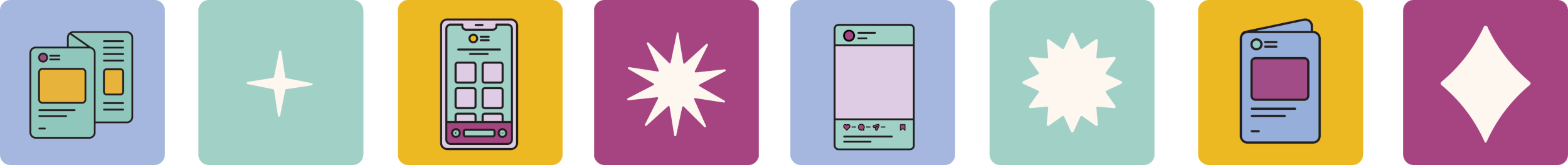 Set of illustrated icons representing creative tools including a smartphone, web page, a brochure, and gem star sparkles.
