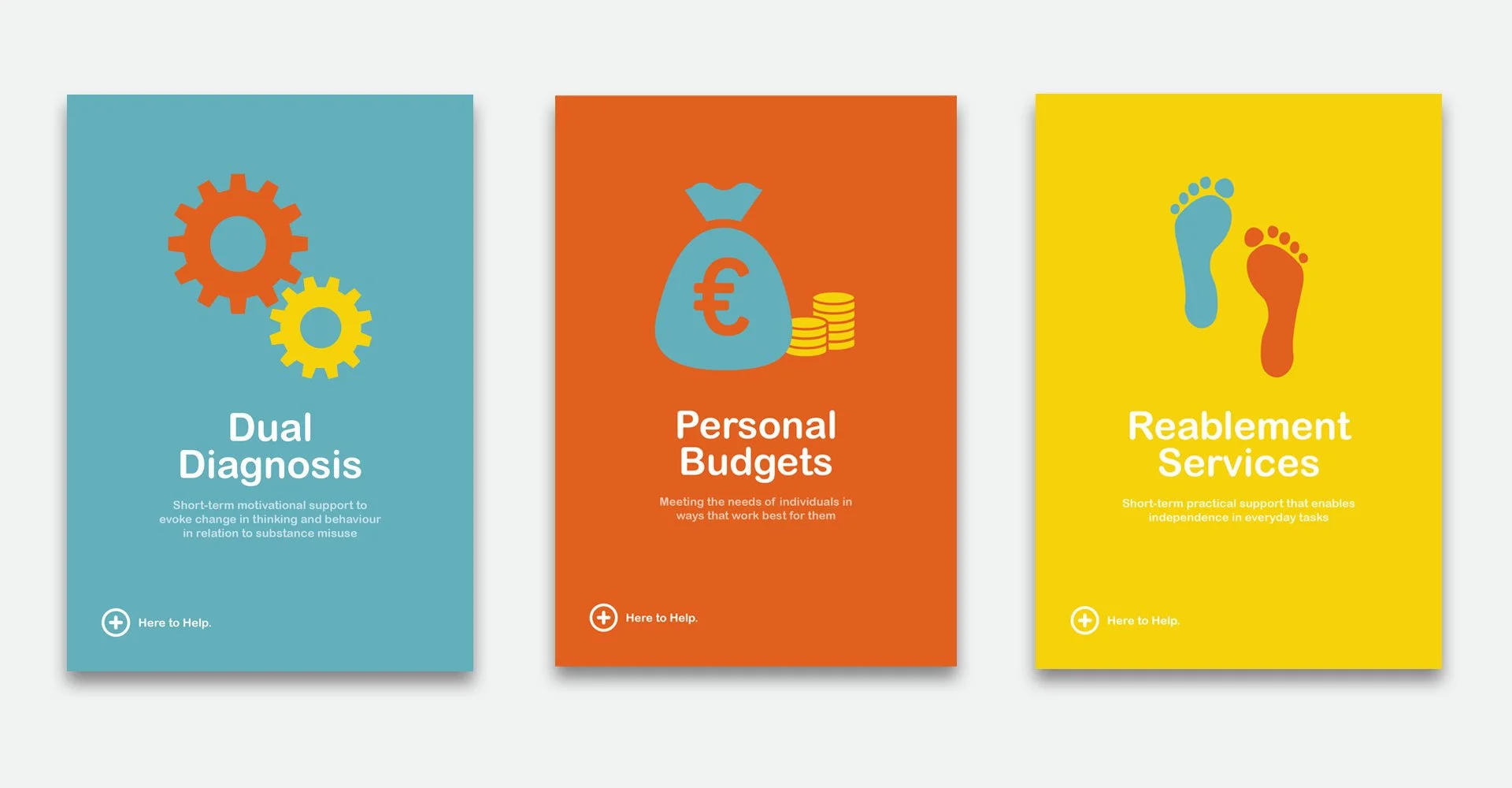 Three colorful booklets titled 'Dual Diagnosis', 'Personal Budgets', and 'Reablement Services'. Each has a short description and an icon: gears for Dual Diagnosis, a money bag for Personal Budgets, and footprints for Reablement Services.