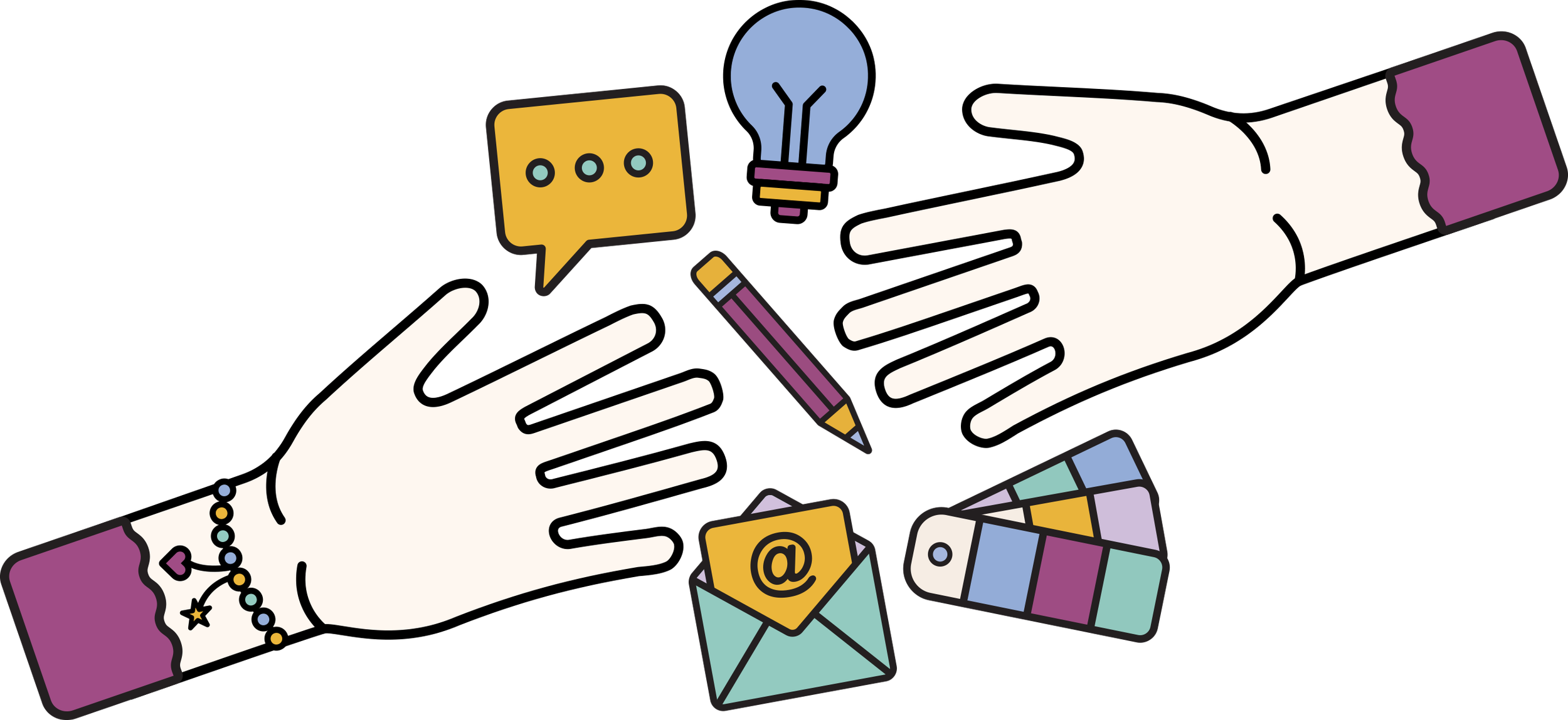 Illustration of two hands exchanging digital communication symbols like an envelope with an at symbol, a smartphone, a chat bubble, a light bulb, a pencil, and pantone swatches, representing digital or creative collaboration.