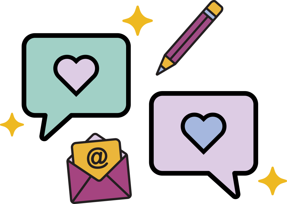 Illustration of two speech bubbles with hearts, a pencil, an envelope with at symbol, and gem shine sparkles.