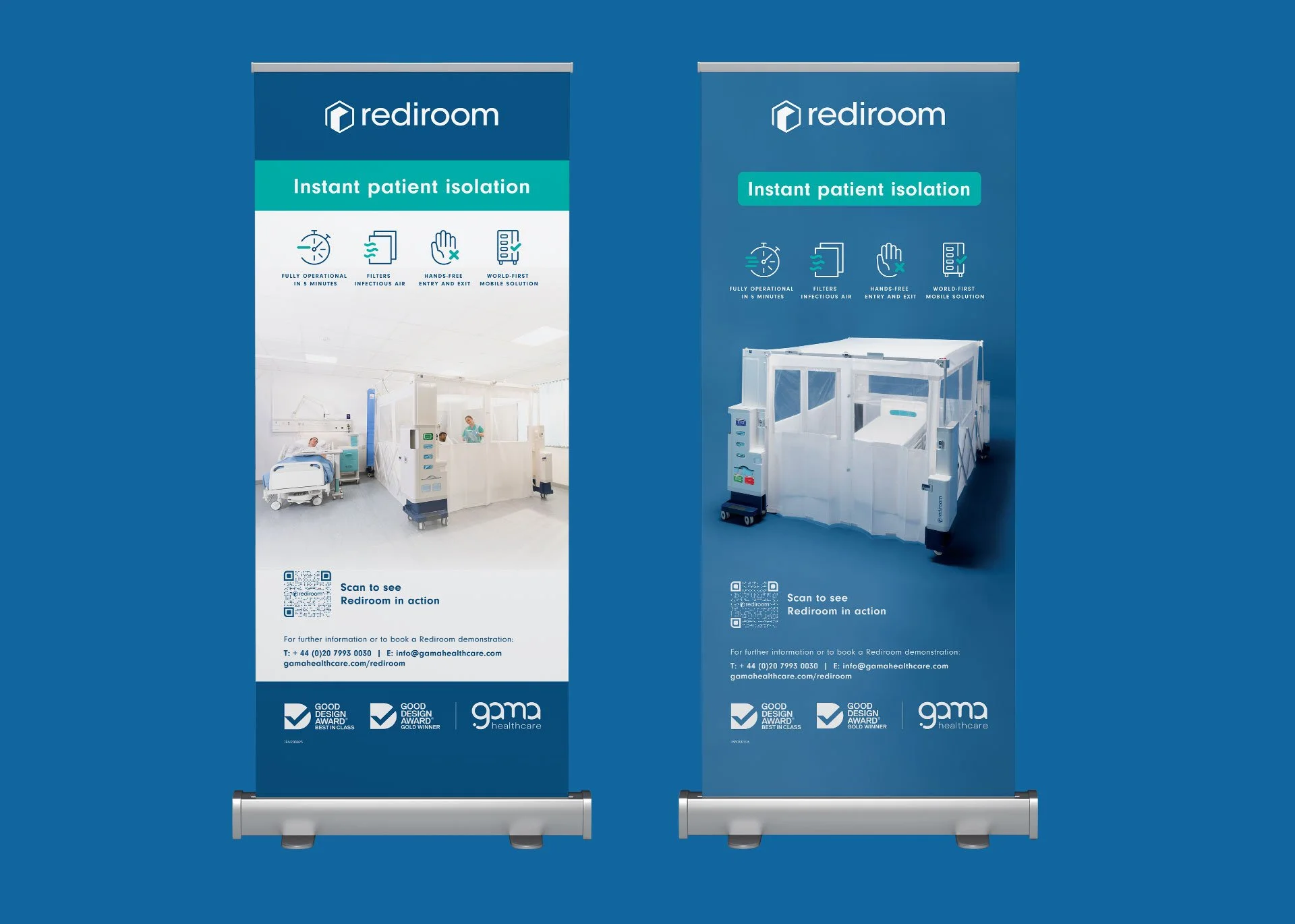 A mock-up of some promotional grasshopper banners designed by Gem Creative for GAMA Healthcare for Rediroom highlighting its key product features.
